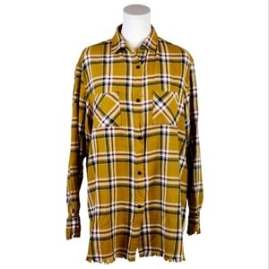 One 24 Rags Mustard Yellow Plaid Flannel Shirt L Raw Hem Distressed Cotton